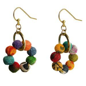 Fair Trade Hoop Orbital Earrings Dangle Recycle Kantha Fabric Bead Boho Handmade